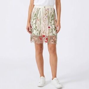 Blue Desire White Floral Embroidered Mesh Overlay Denim Mini Skirt Size 12